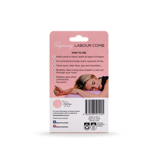 Back of Partum Panties labour comb packaging showing instructions for use in labour