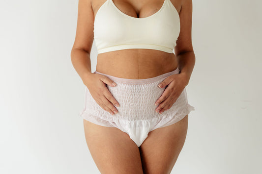 Woman wearing Partum Panties postpartum recovery underwear after birth