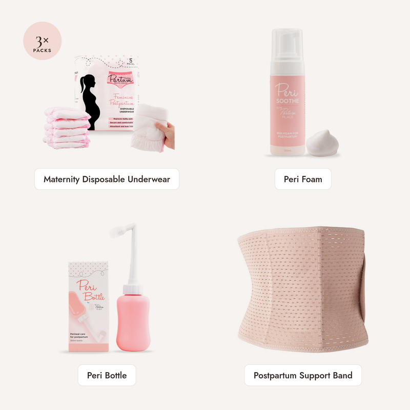 Recovery Essentials Bundle with disposable underwear, peri bottle, peri foam and support band